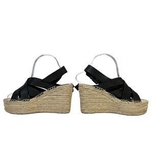 Marc‎ Fisher LTD Wedge Sandals Womens 6.5 Alenni Espadrille Black Leather Jute
